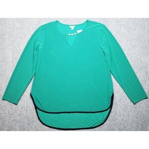 C Est 1946 Blouse Womens L Emerald Jewel Green Solid Split Neck Long Sleeve New